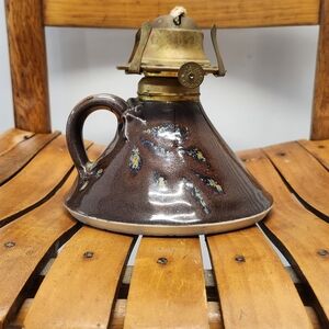 Vintage Stonewear Oil Lamp With brown Glaze Made In England Signed